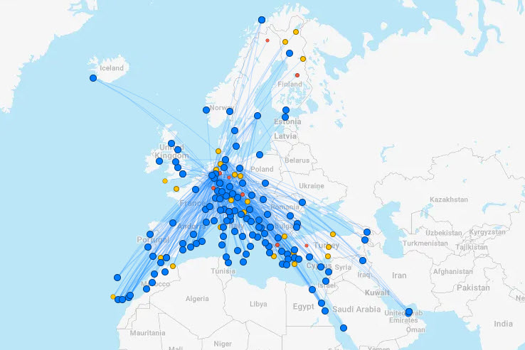 a map of europe with blue and yellow dots