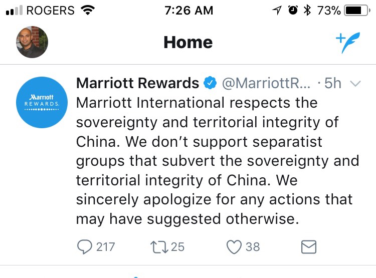 Marriott offends China
