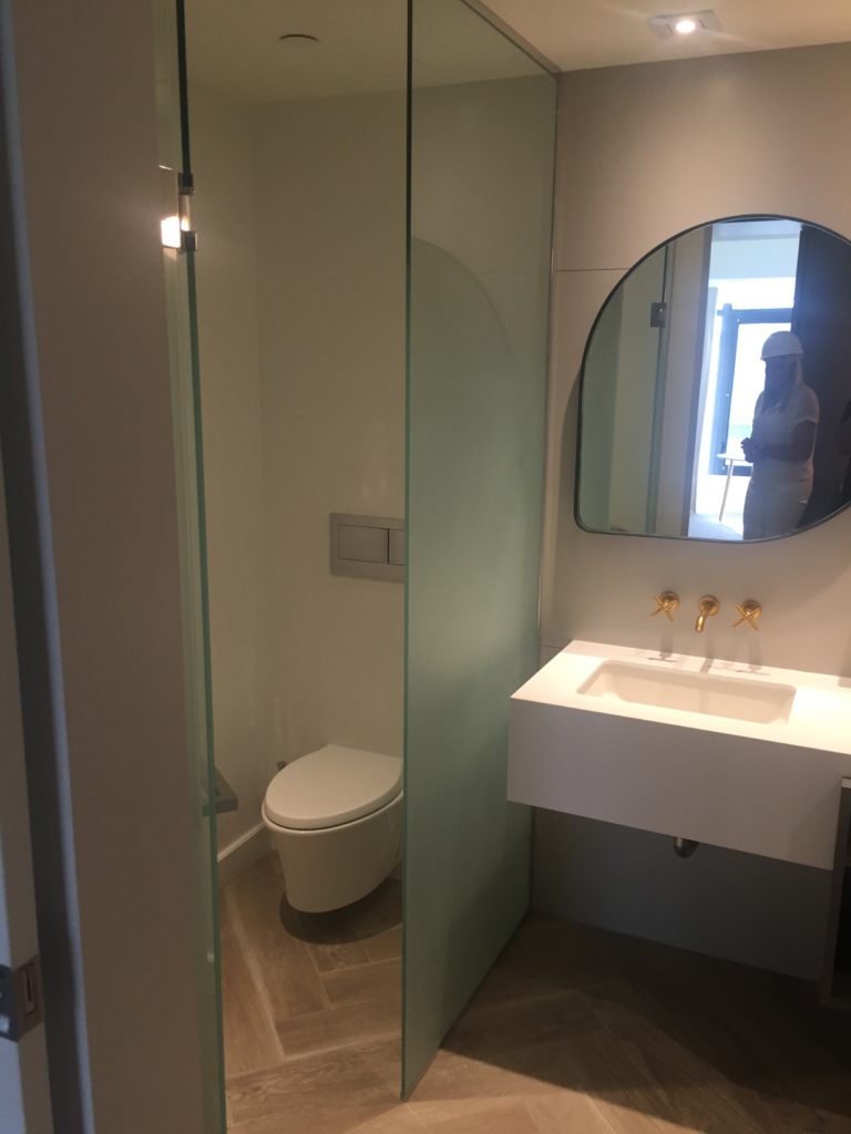 Modern sink and toilet with brass fittings