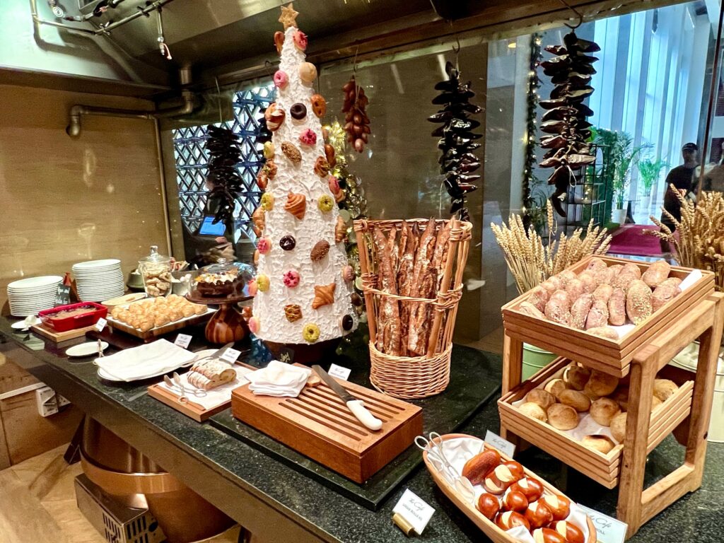 a display of pastries and breads