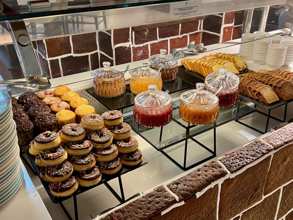 a display of pastries and desserts