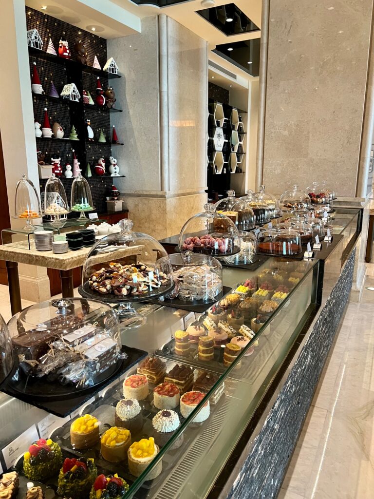 a display of desserts on a counter
