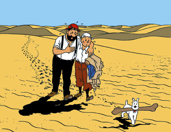 a cartoon of a man and a boy walking in the desert