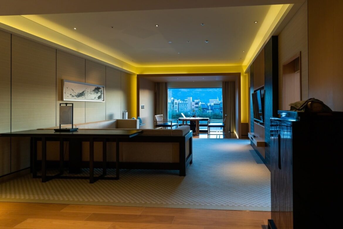 a room with a television and a table