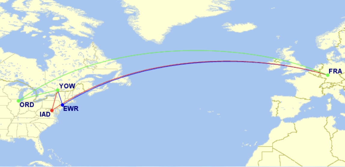 a map of the world with a line of colored lines