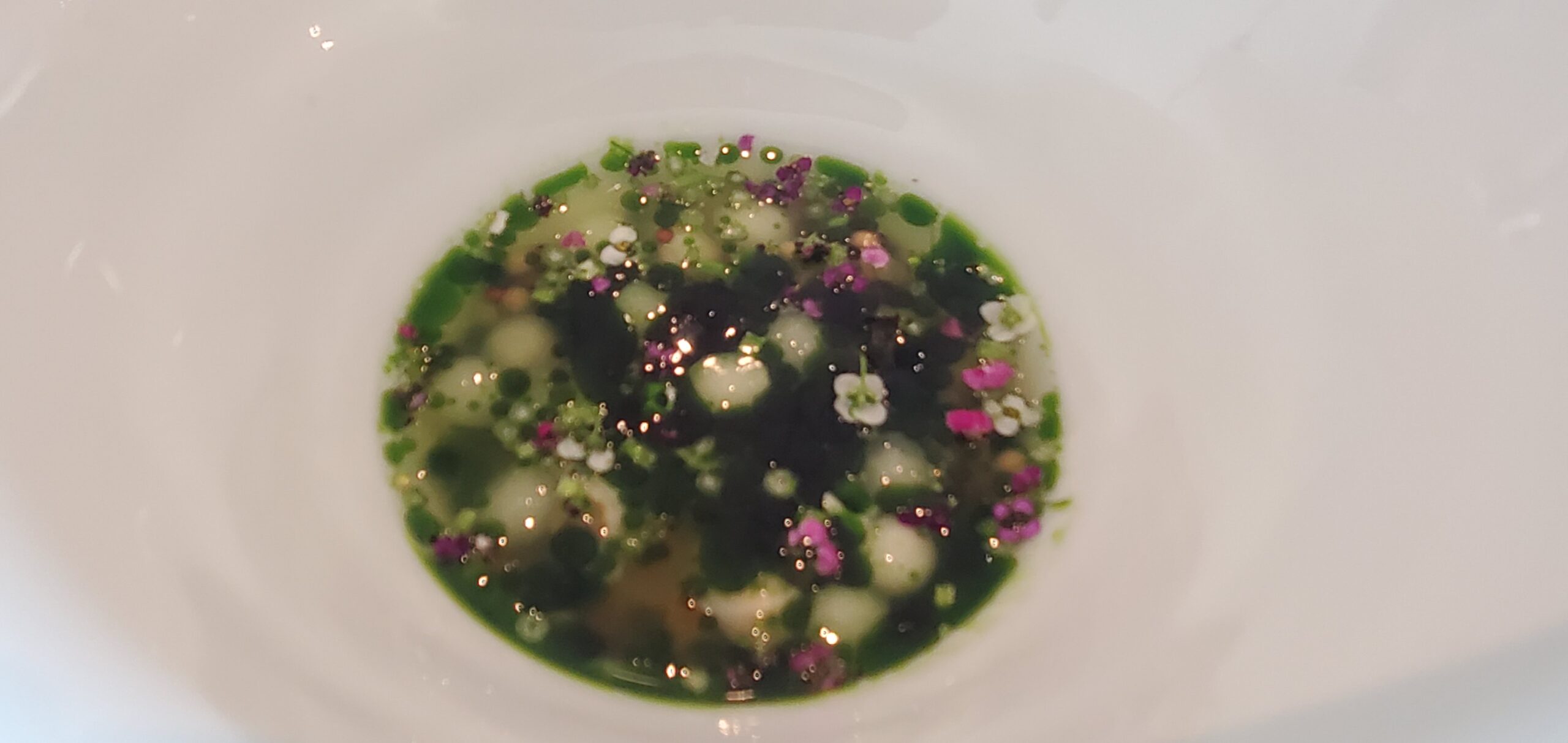 a bowl of food with green and purple liquid