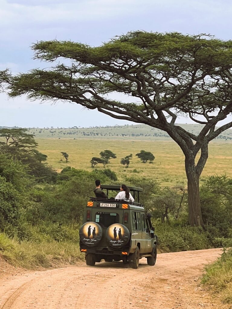 a vehicle on a dirt road with people on the back
