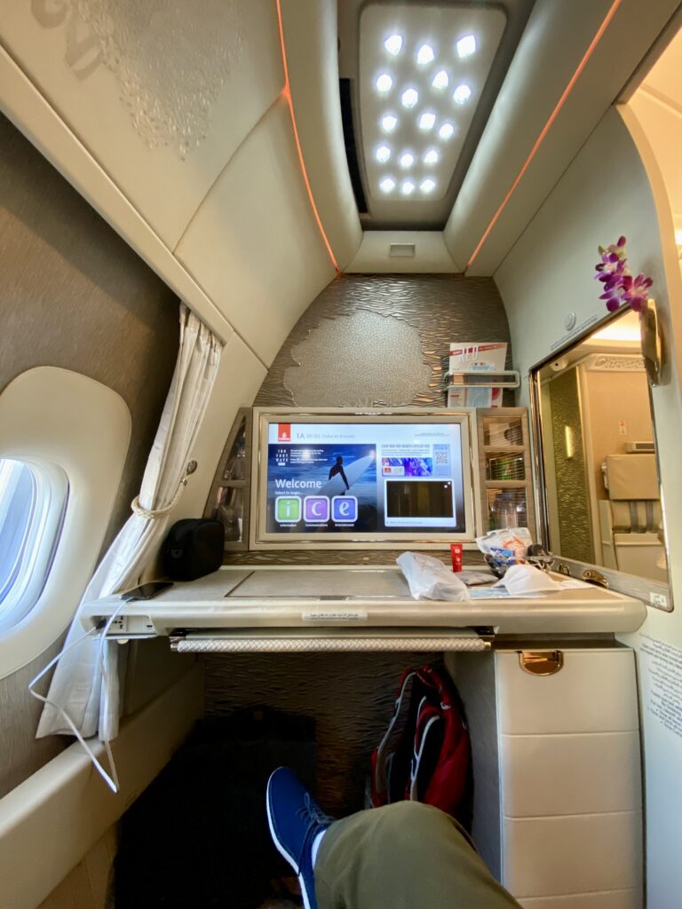 a desk in an airplane