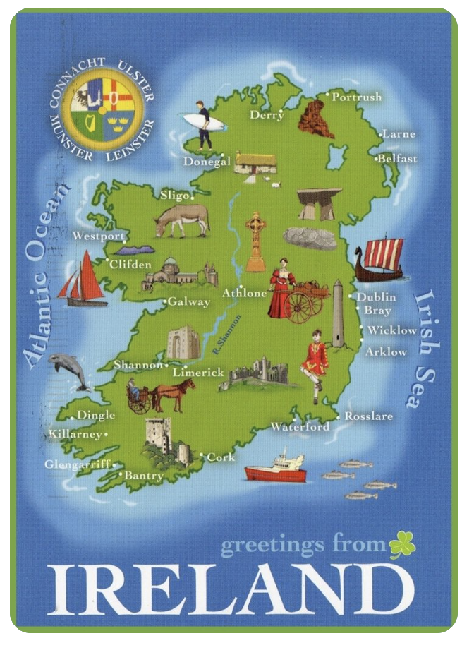 a map of ireland with various symbols