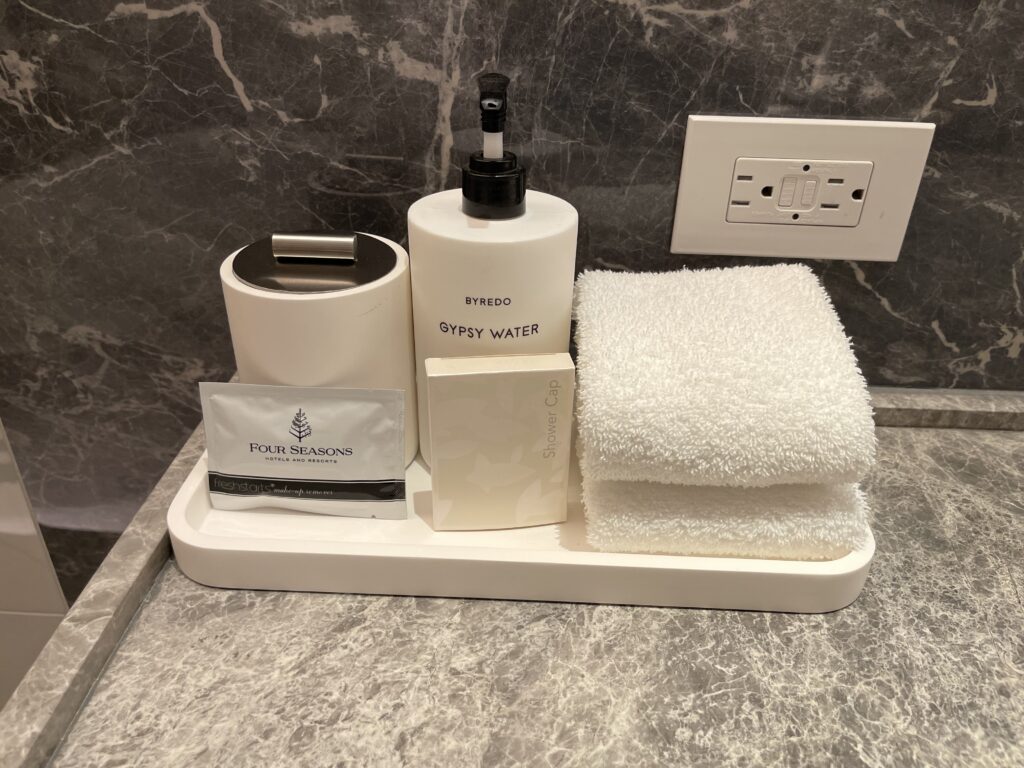 a bathroom accessories on a counter