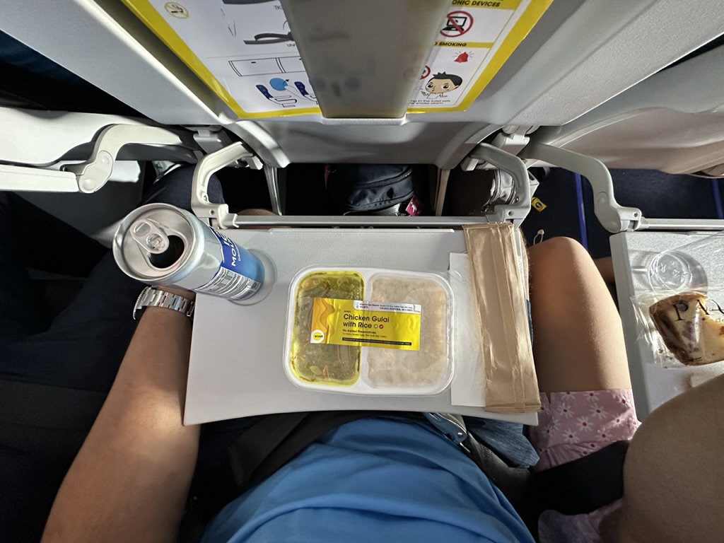 a person's legs in an airplane with food and a can of soda