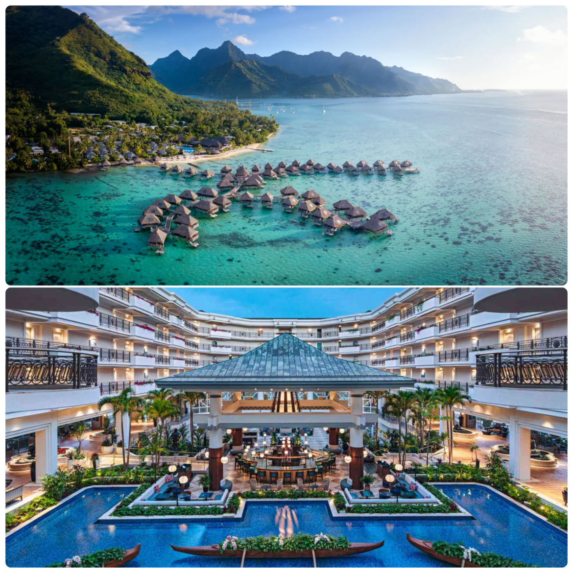 a collage of a hotel and a beach