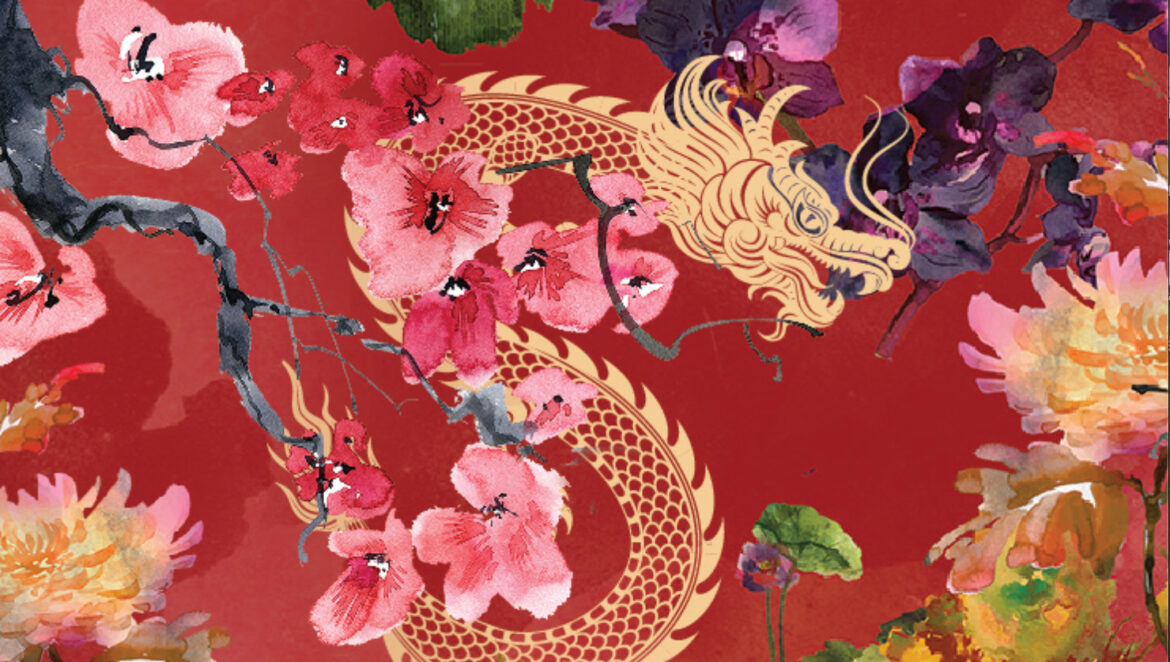 a red background with flowers and a dragon