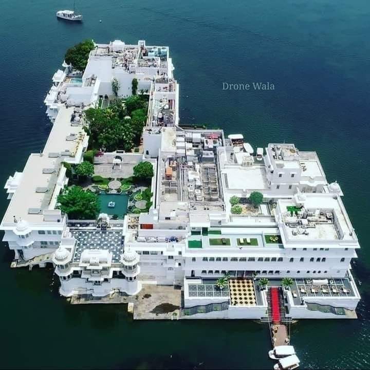 a white building on water