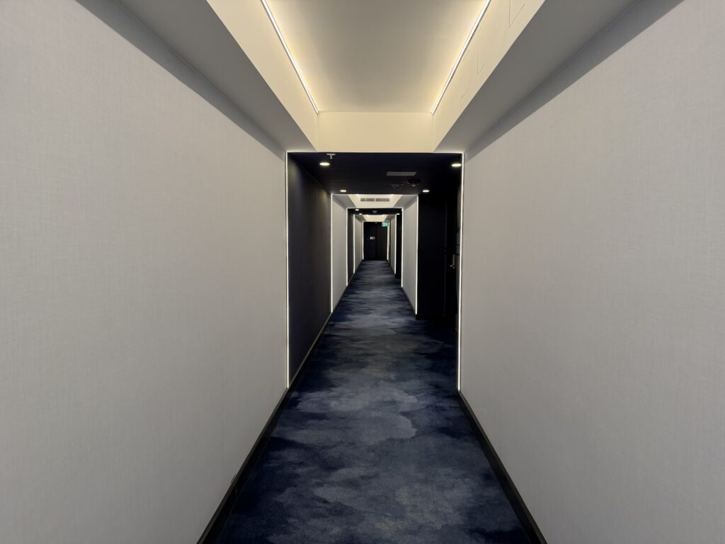 a hallway with a blue carpet