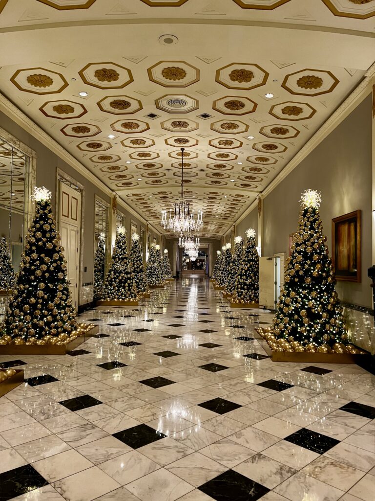 a hallway with christmas trees and lights