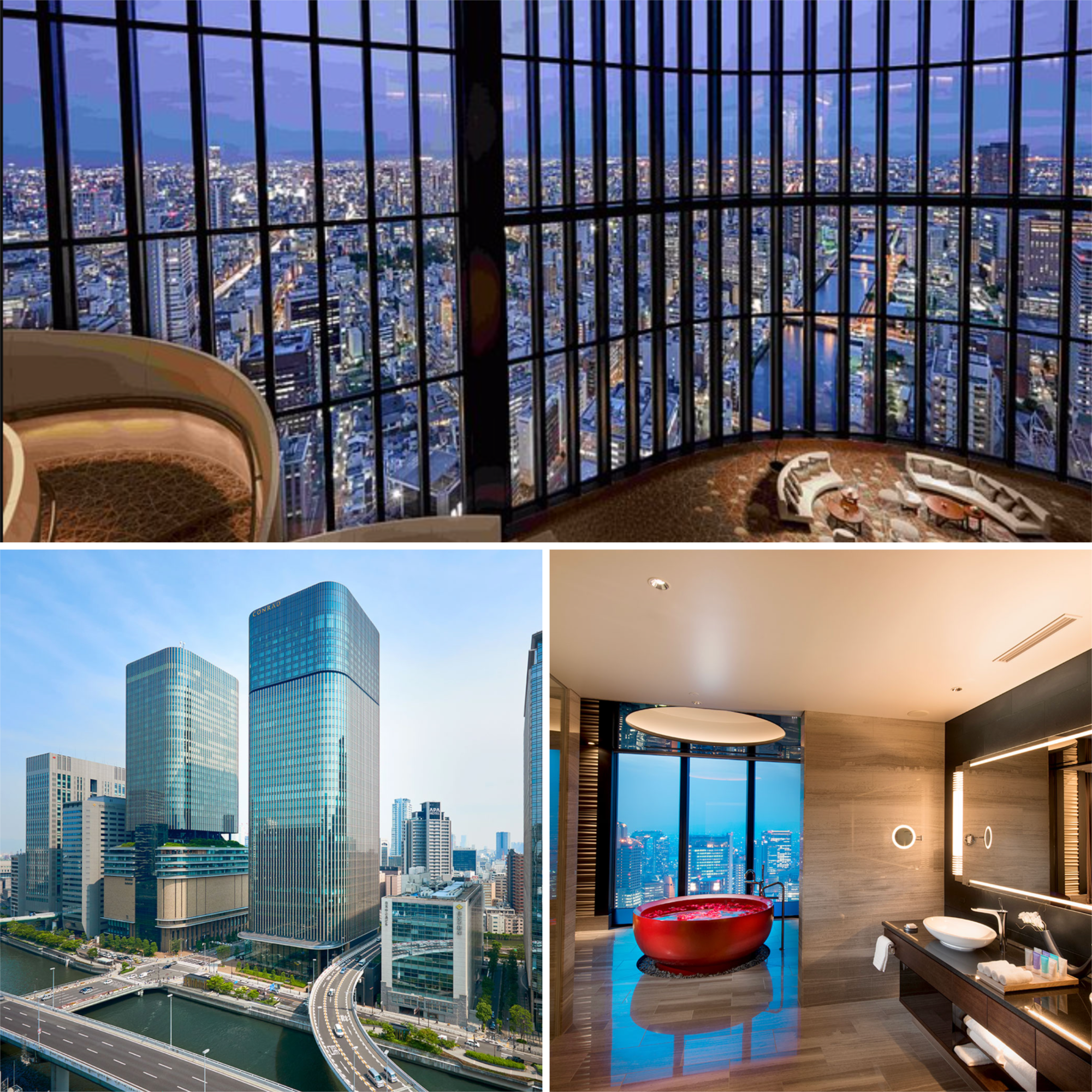 a collage of a room with a view of a city