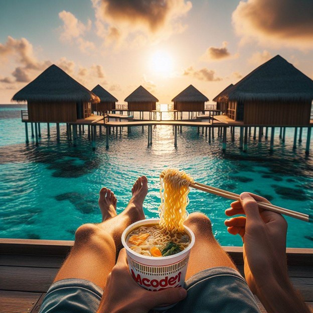 a person eating noodles by a pool