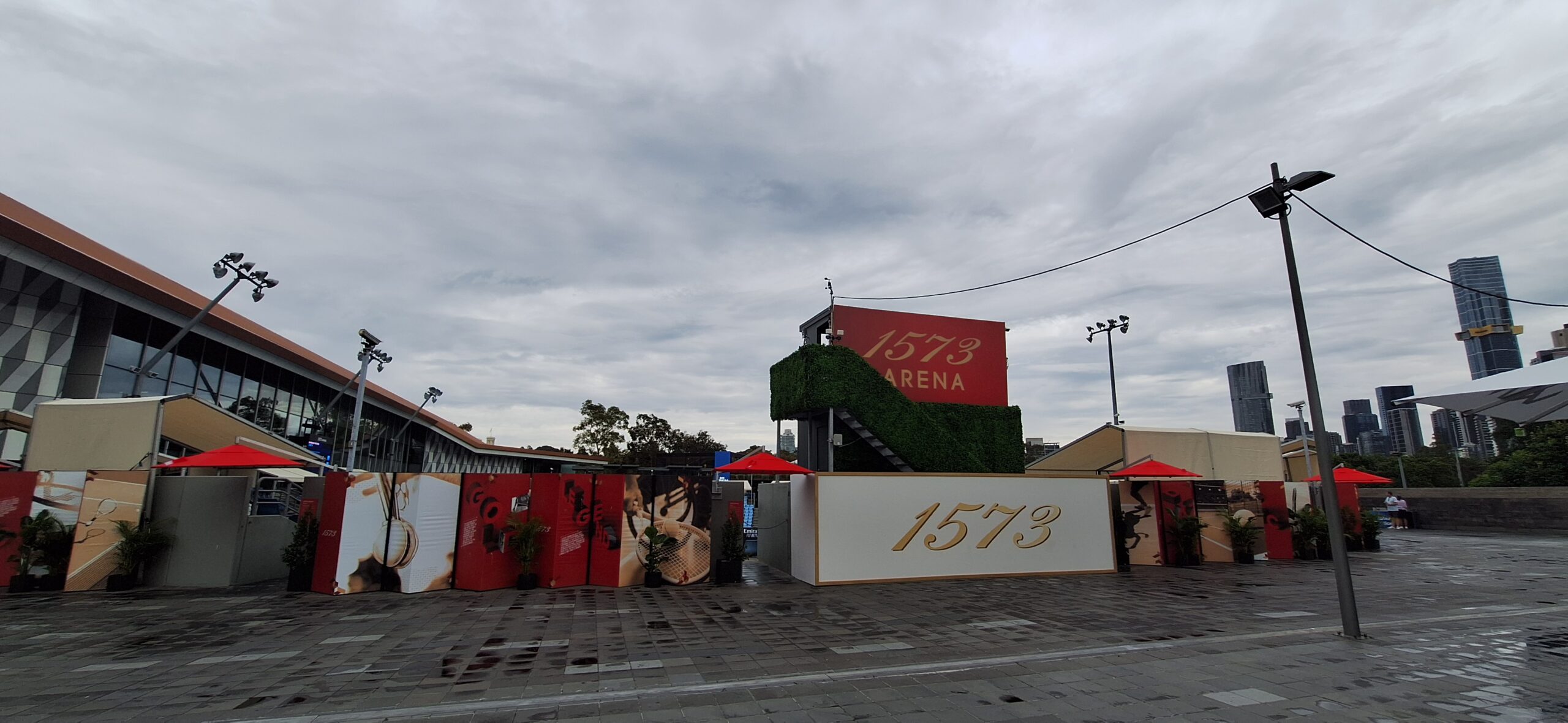 a group of buildings with signs