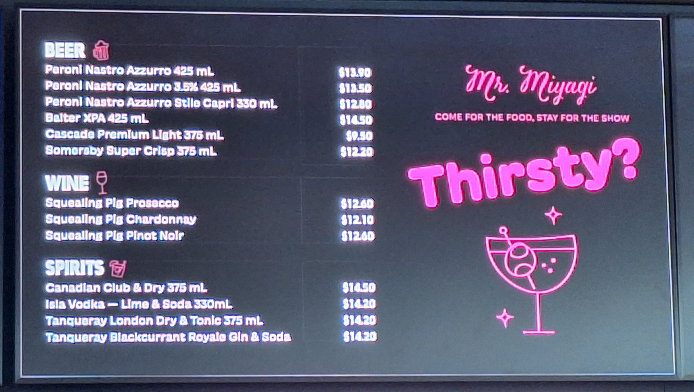 a menu with price list and pink text