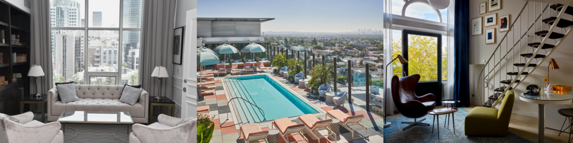 a pool with chairs and umbrellas on a rooftop