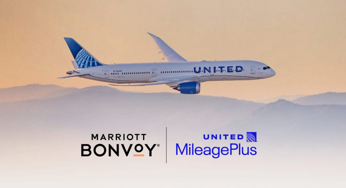 Marriott and United a plane flying in the sky