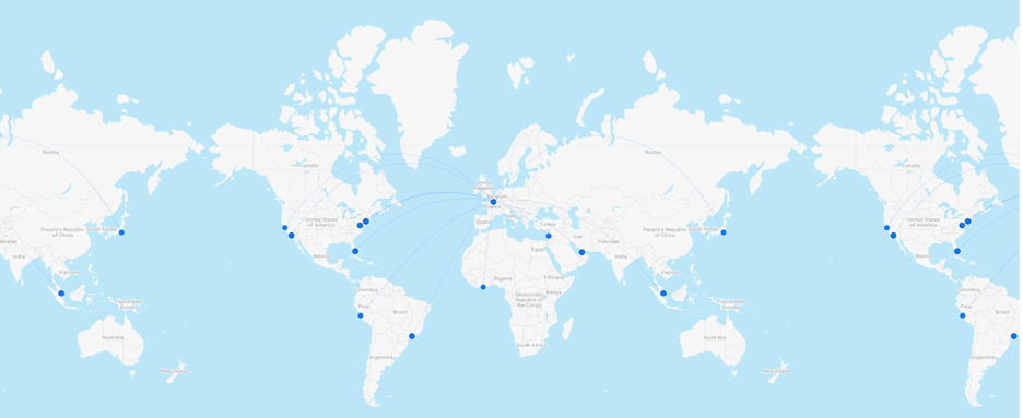 a map of the world with blue dots