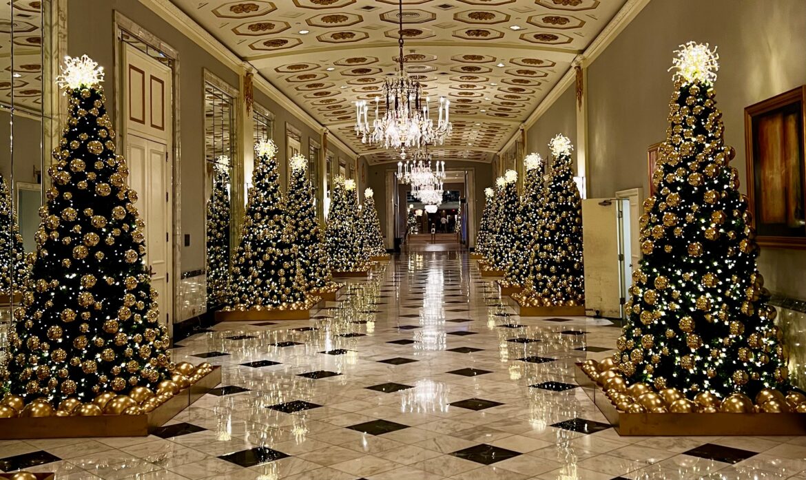 lobby mayflower a hallway with christmas trees and lights