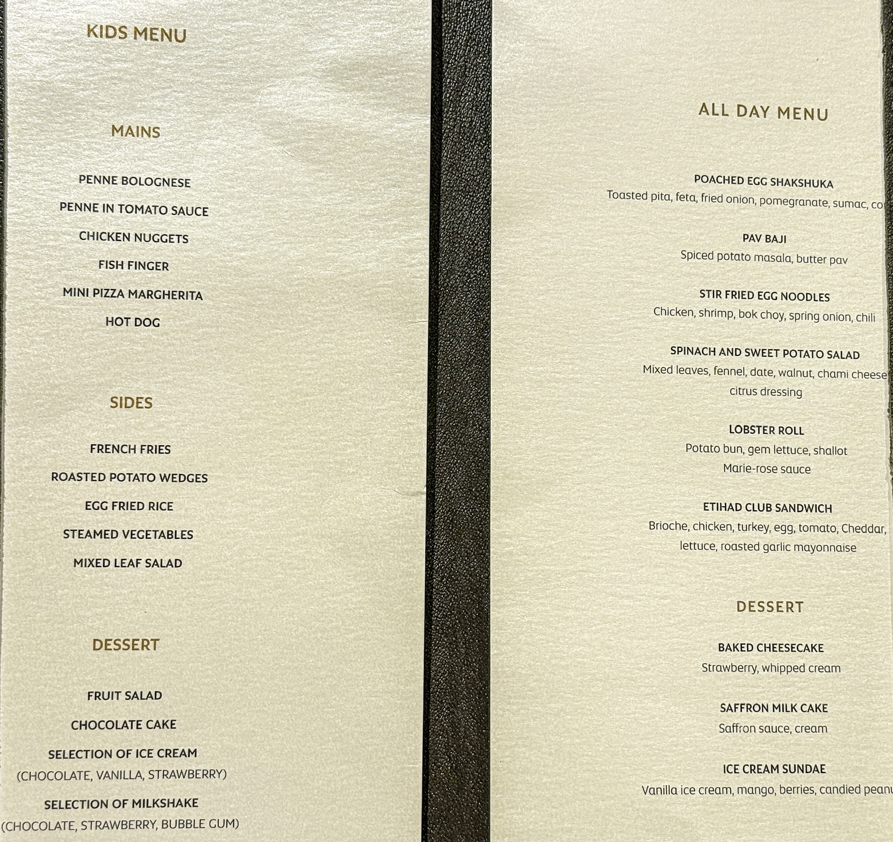 a menu with black text