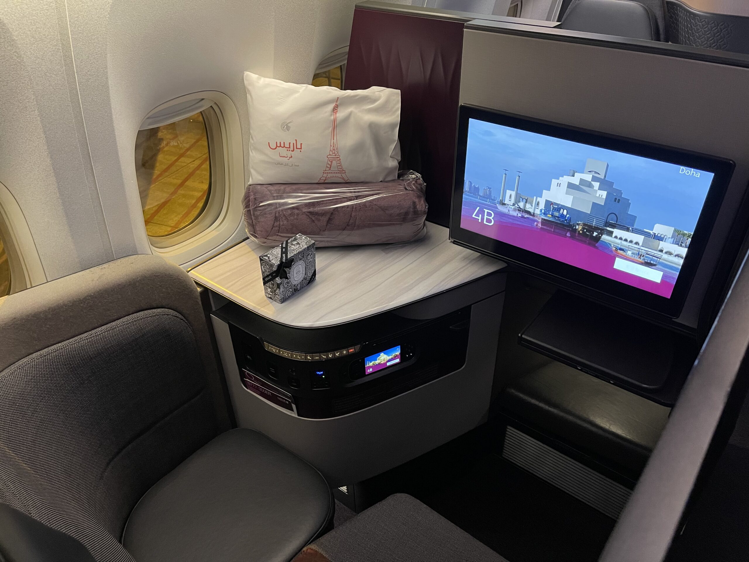 a tv on a table in a plane