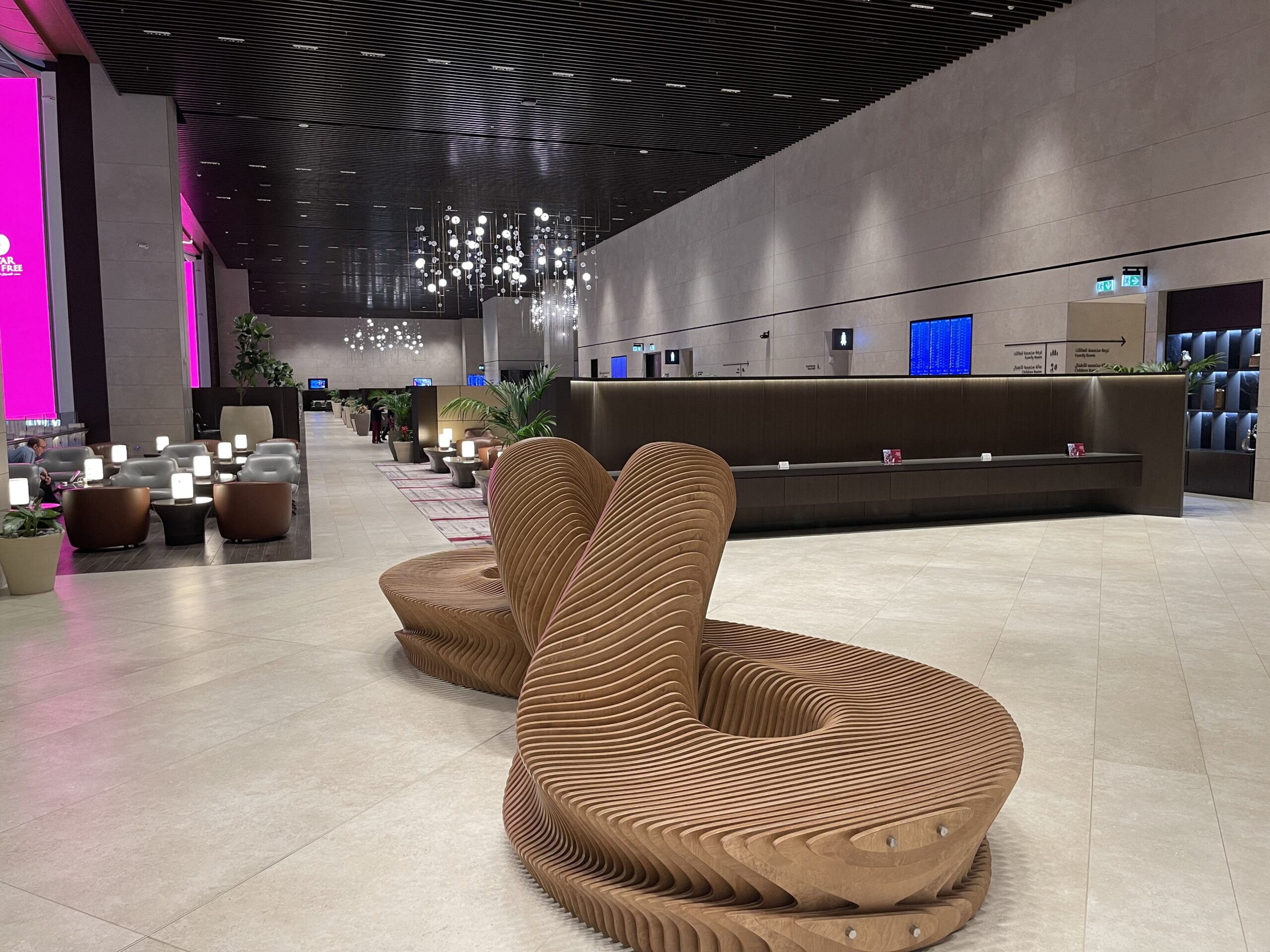 a large brown chair in a lobby