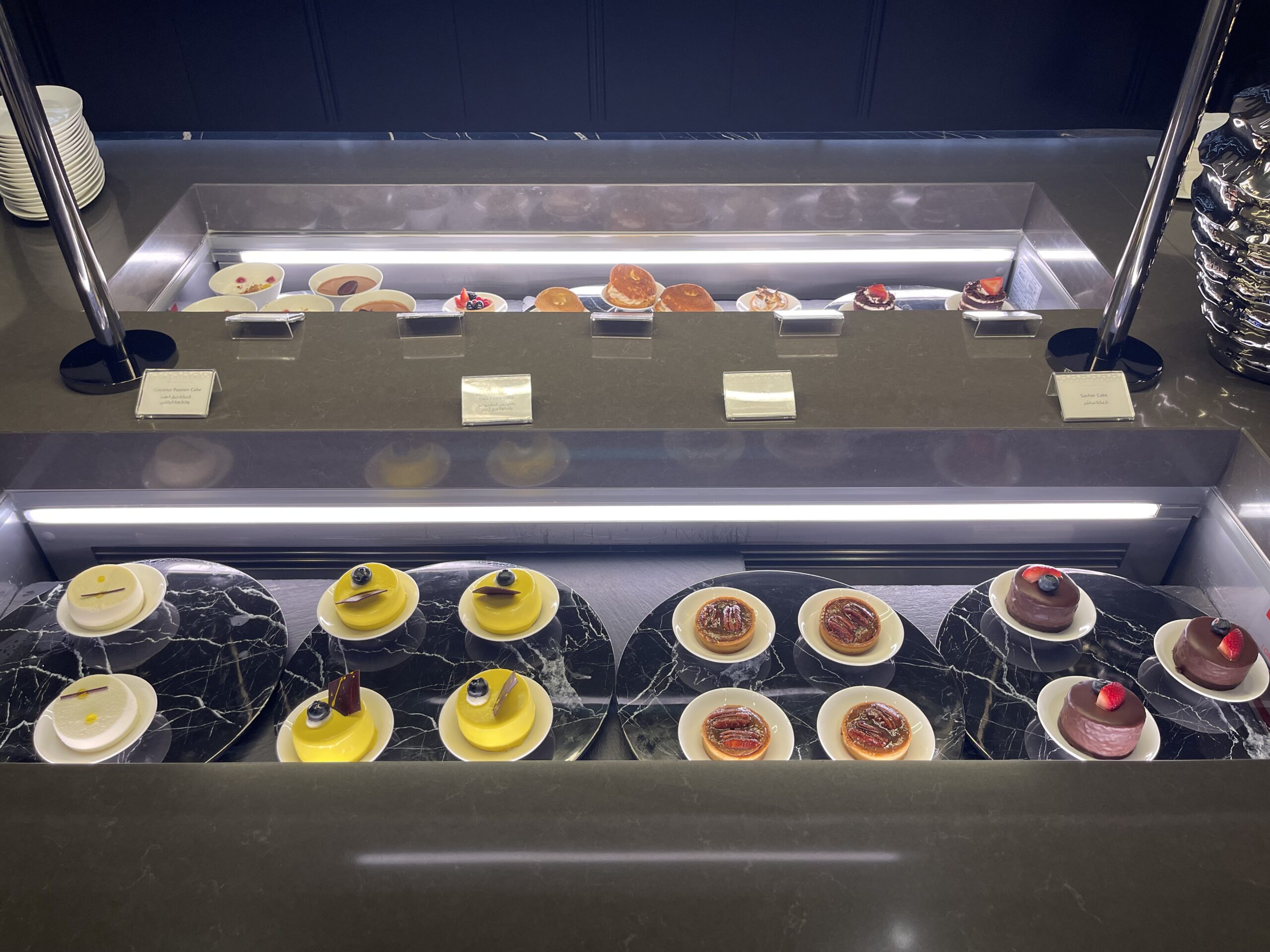 a display of desserts on plates