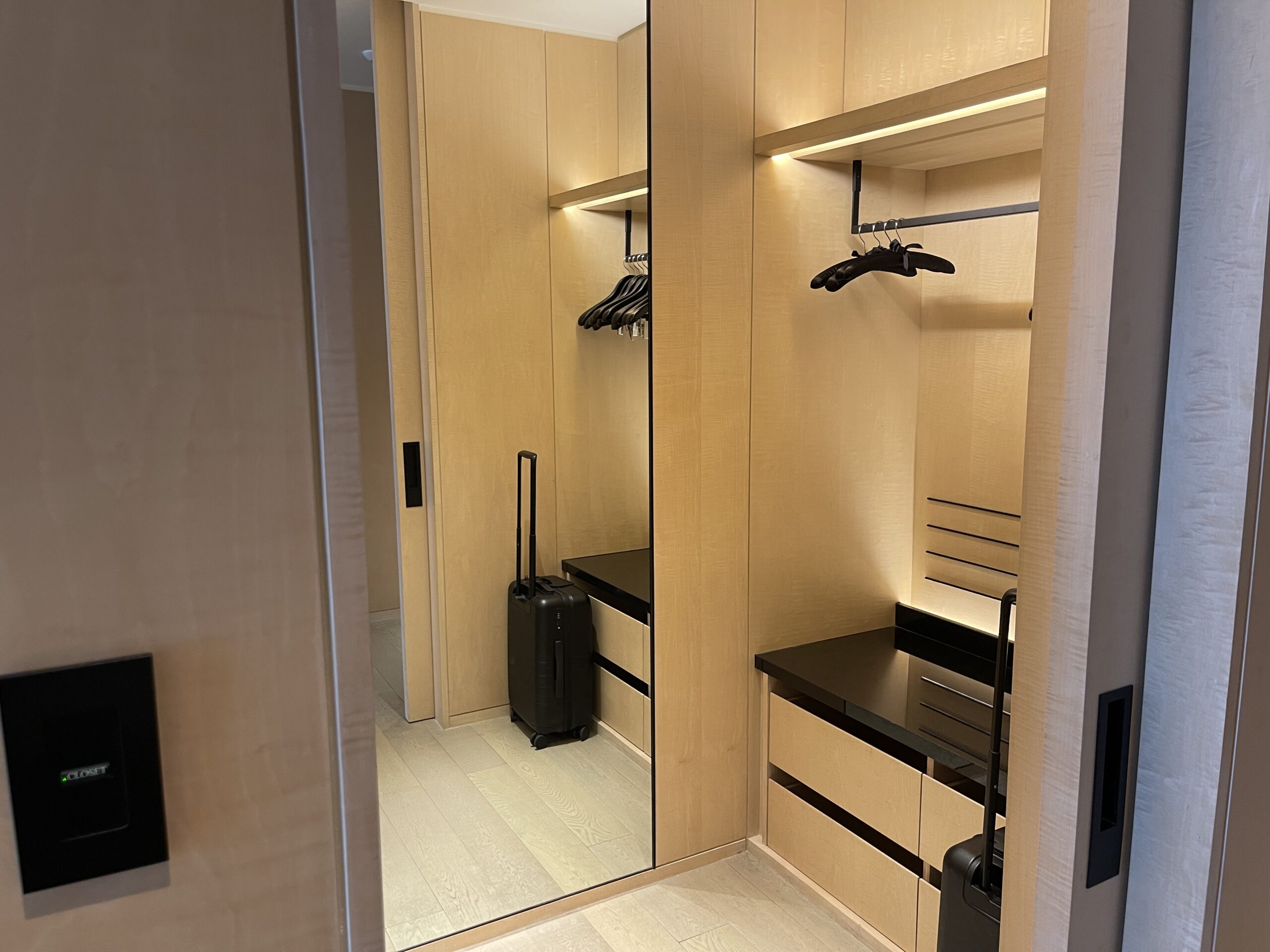 a closet with a mirror and a suitcase