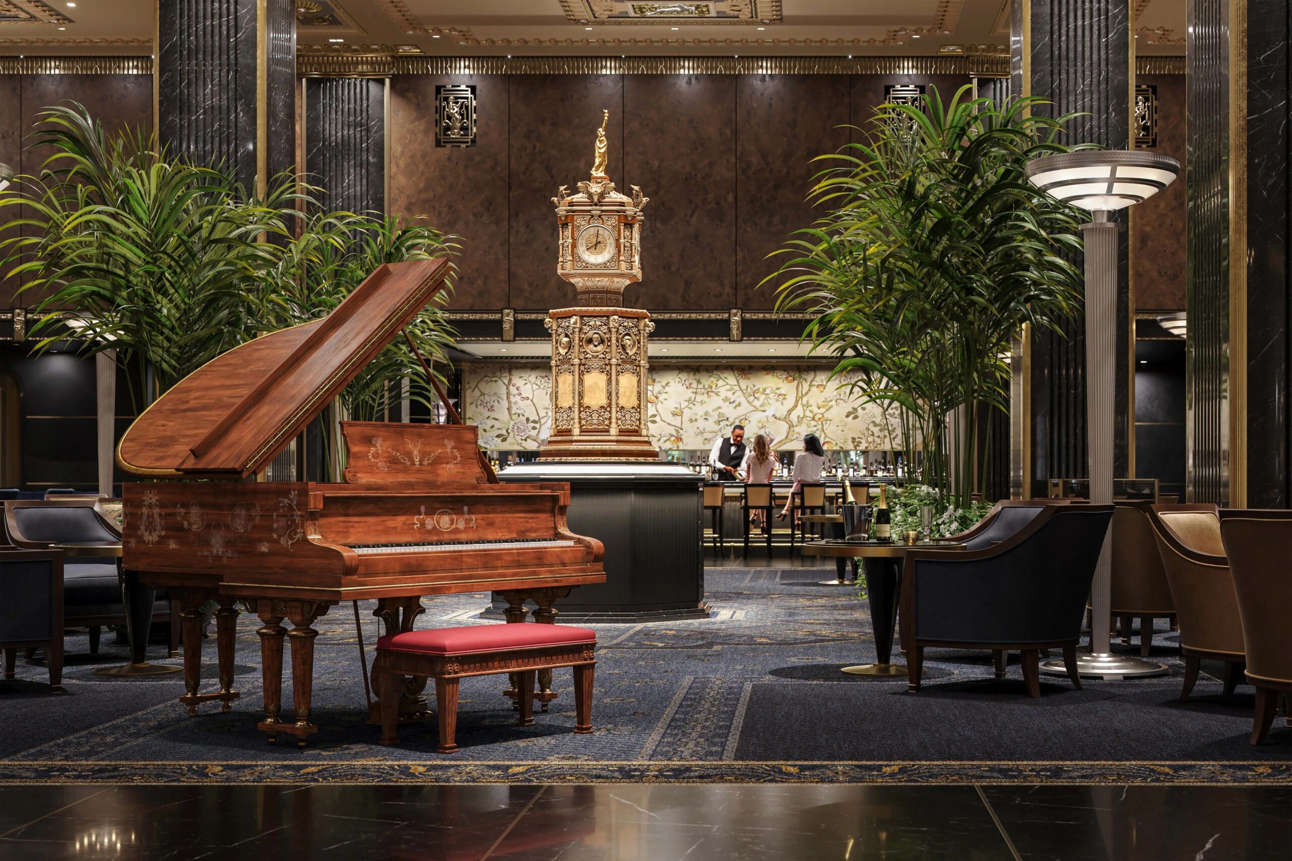 a room with a piano and a clock