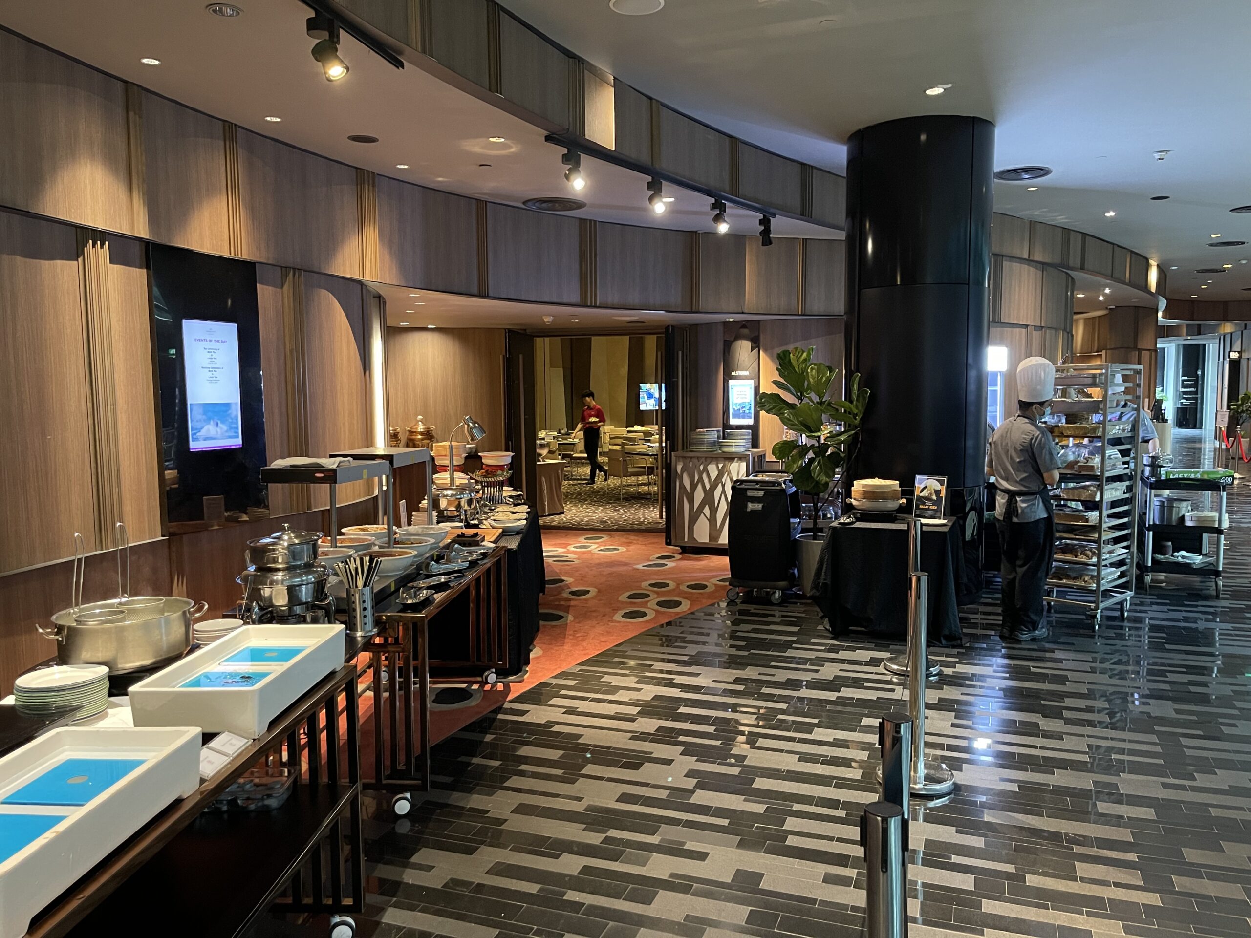 a restaurant with food on the counter