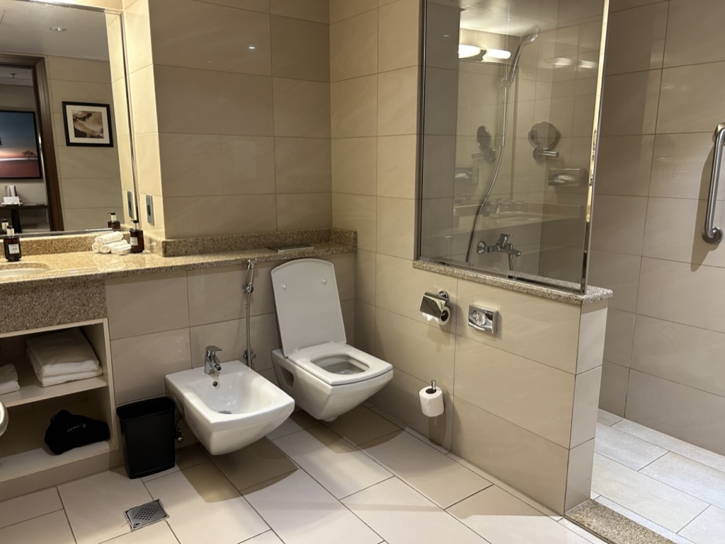 a bathroom with a shower and toilet