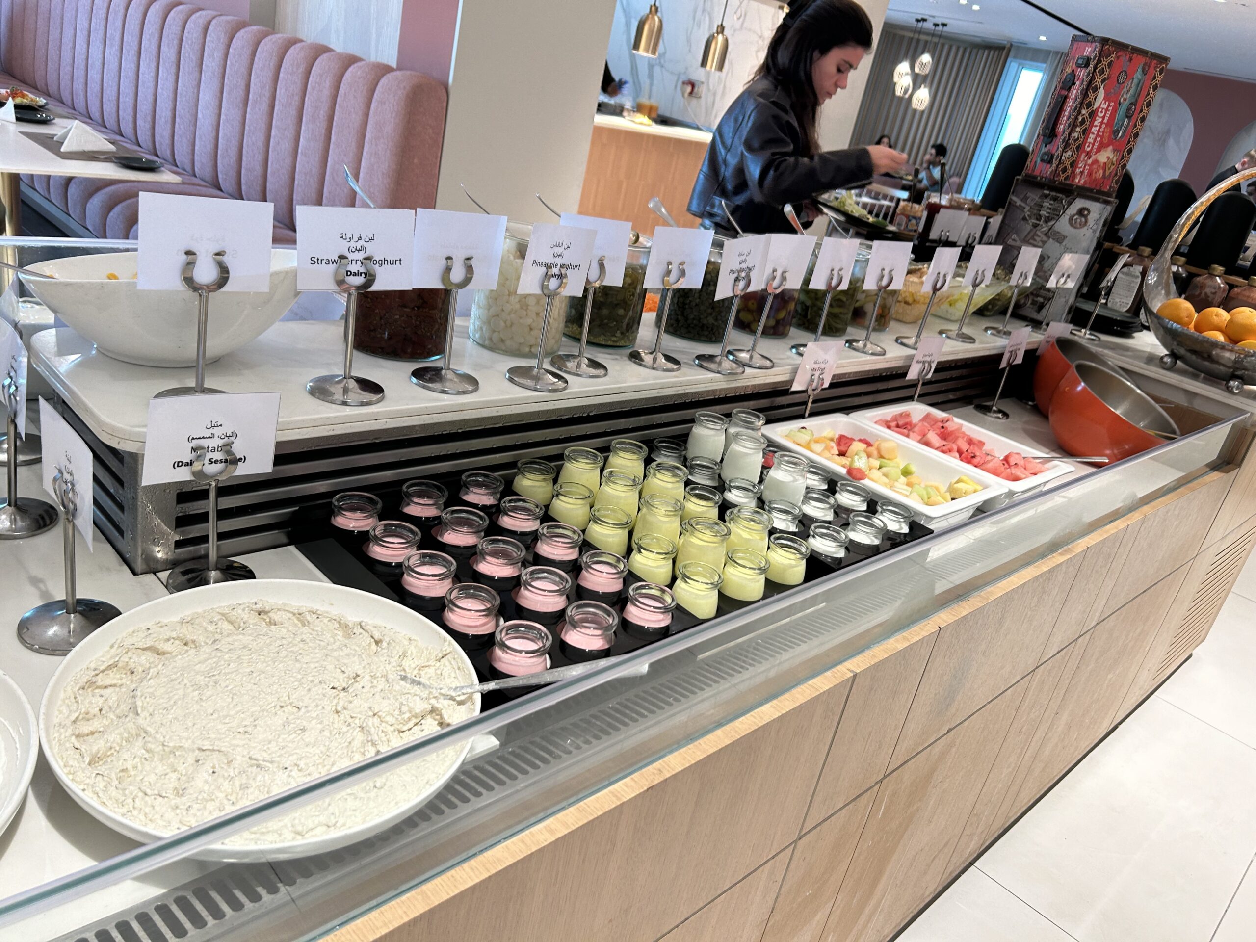 a buffet with different foods on it