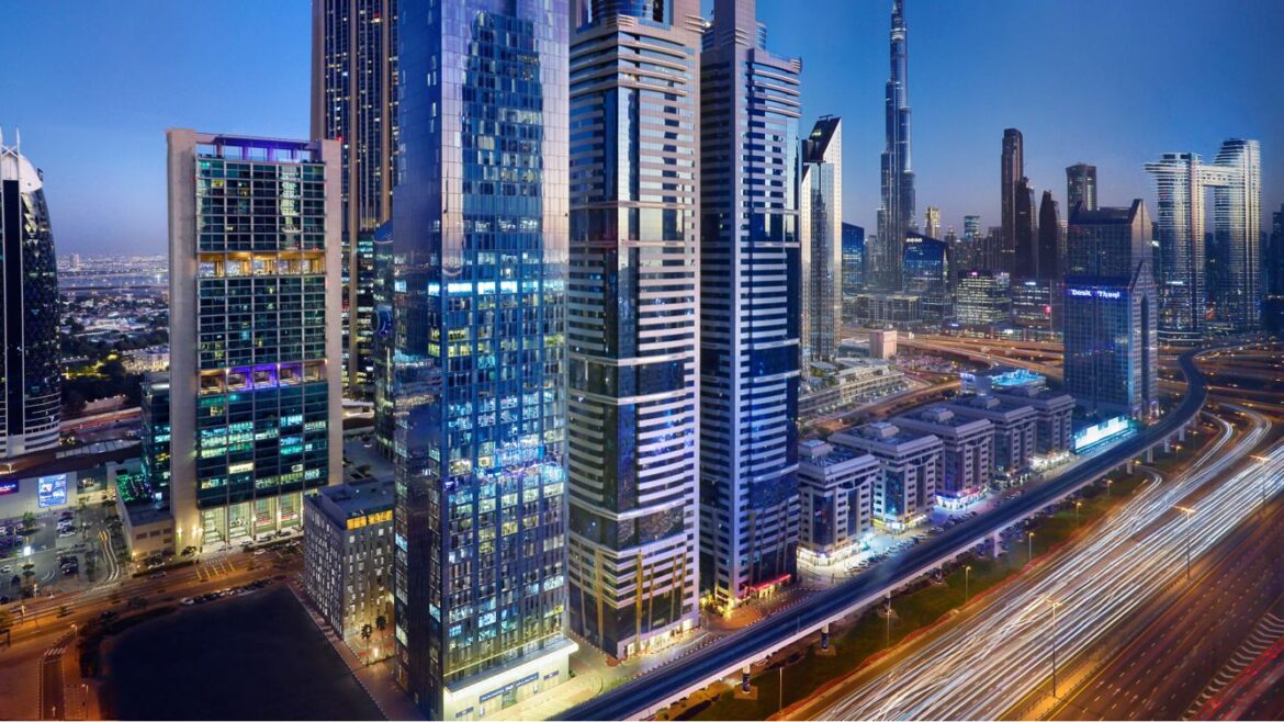 a city skyline at night