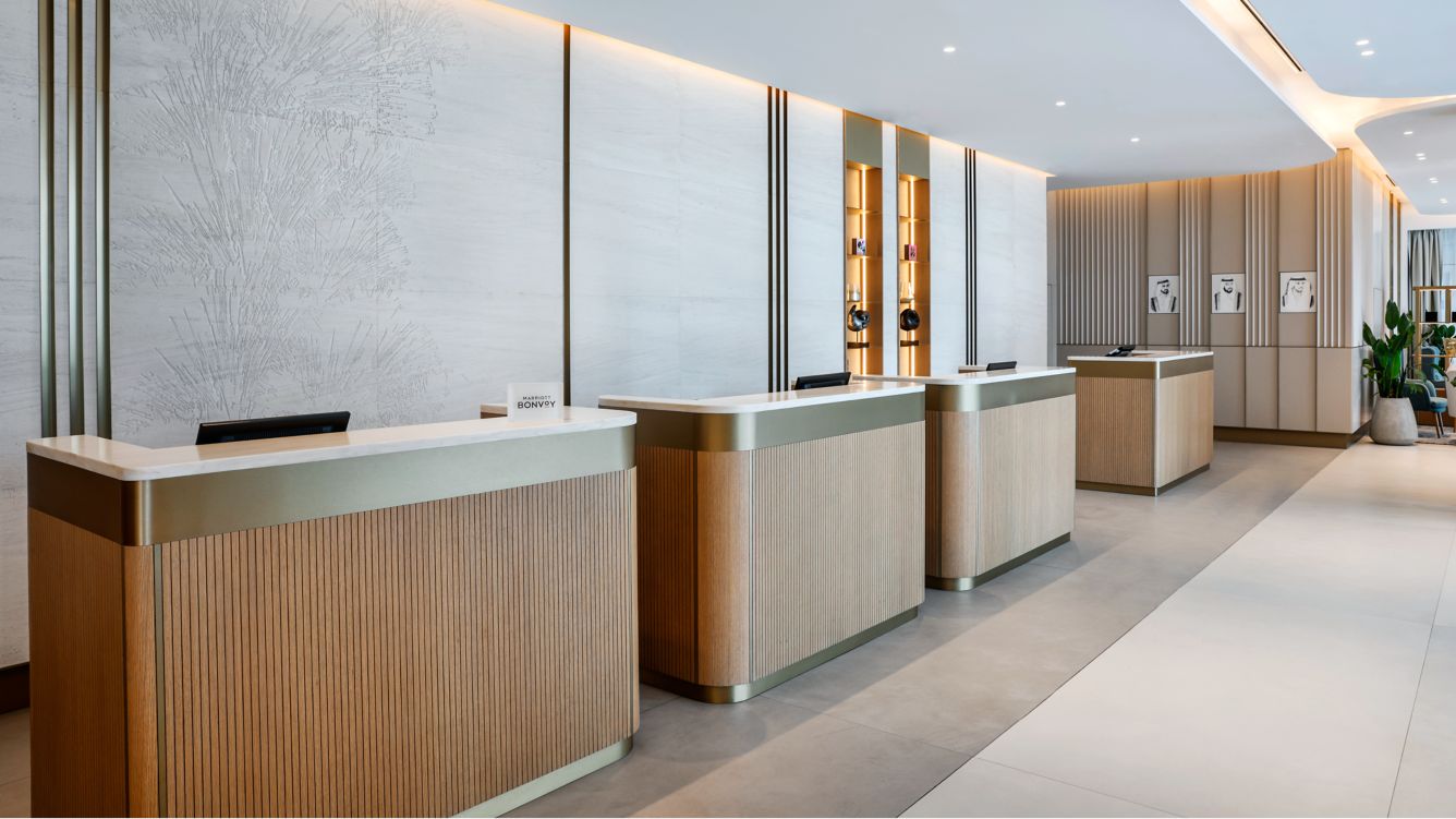 a reception desks in a hotel