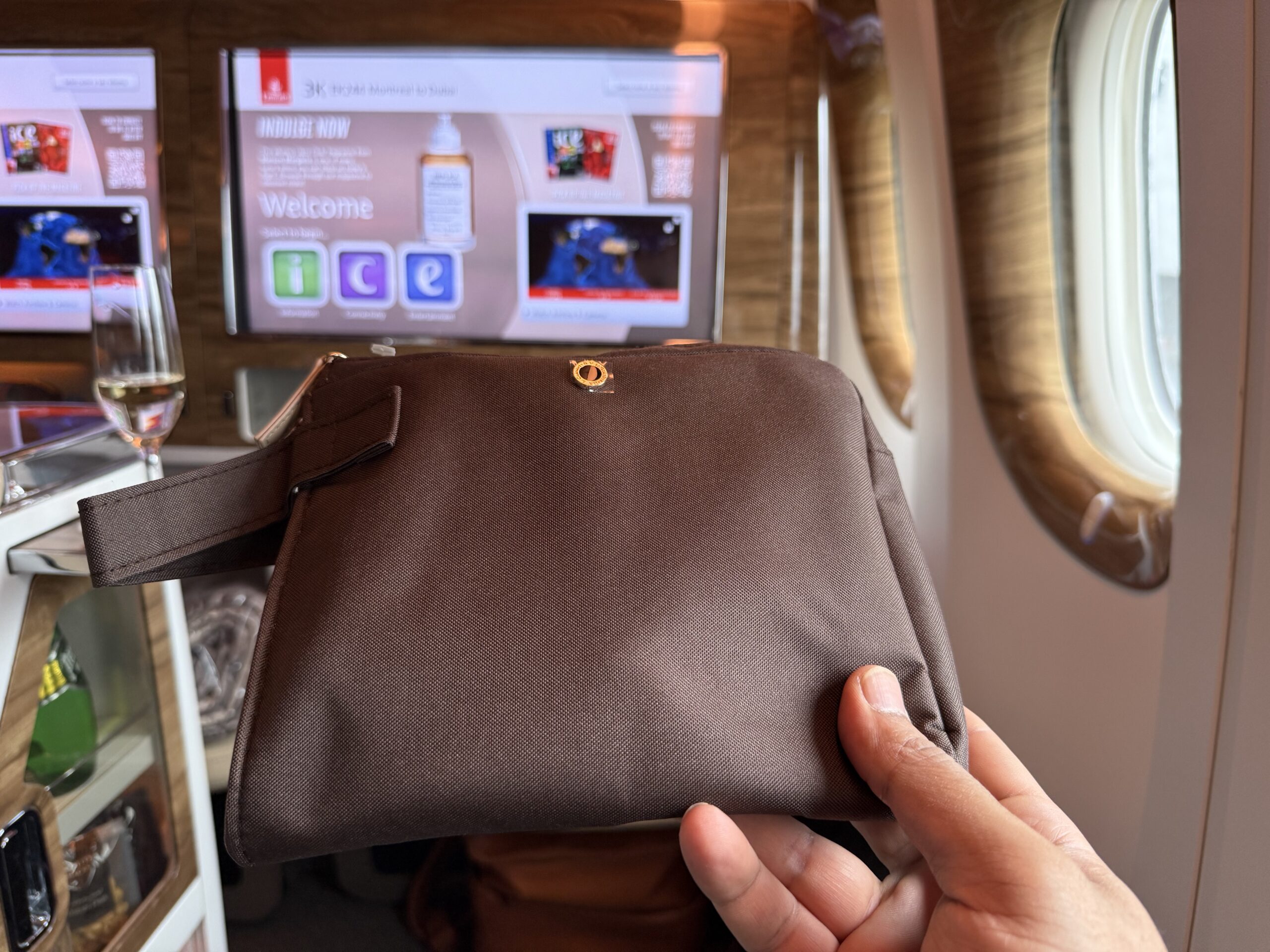 a hand holding a brown purse in front of a television