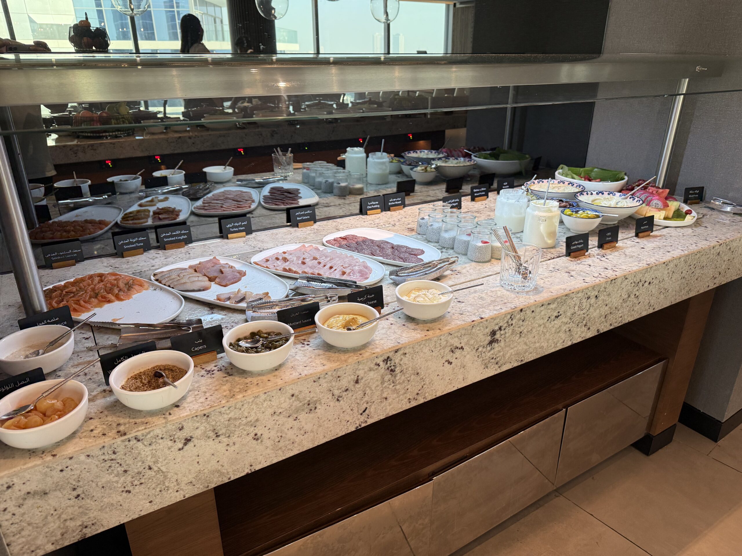 a buffet table with food on it