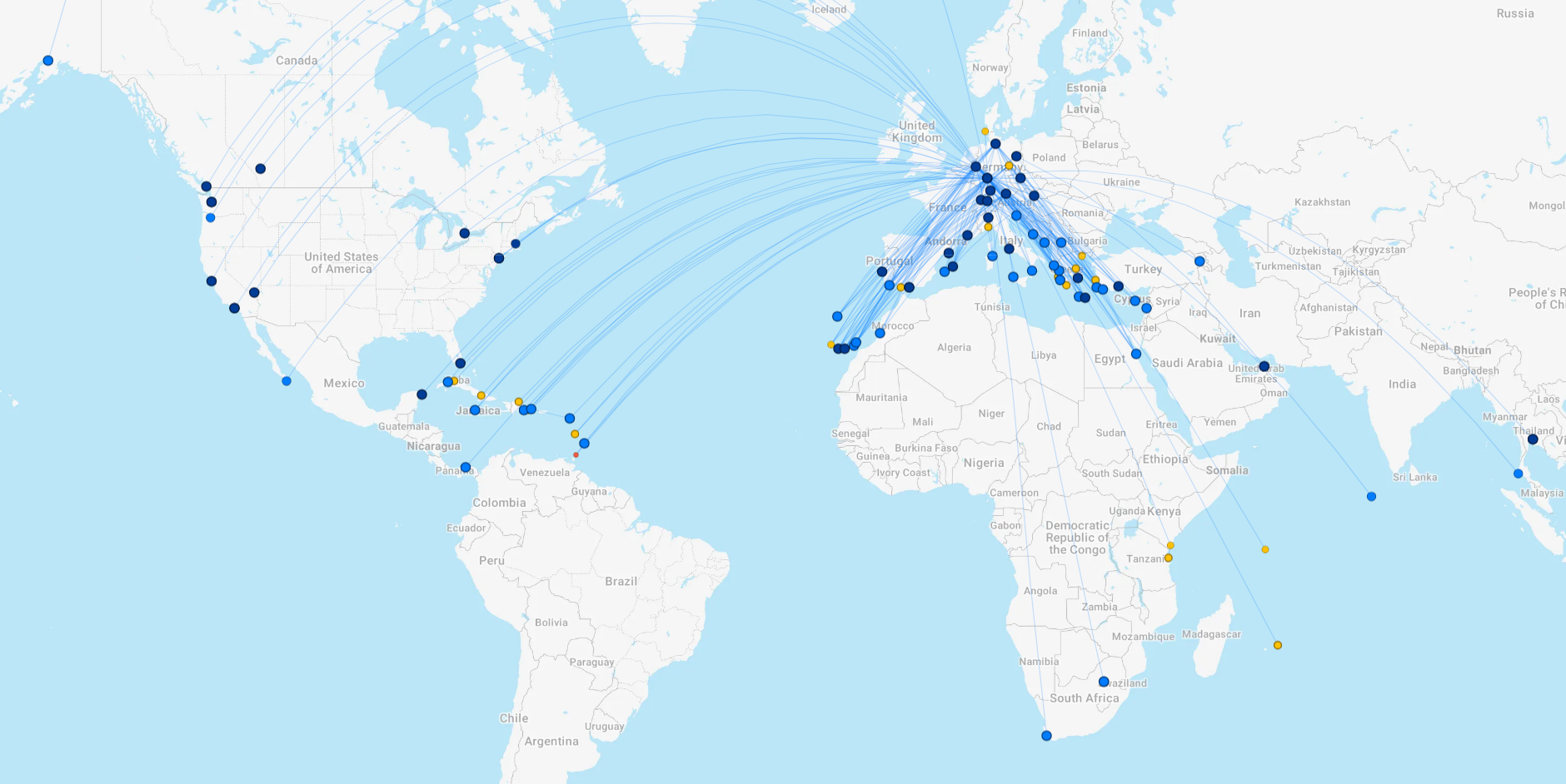 a map of the world with blue and orange dots