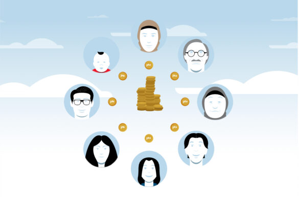 a group of people with coins