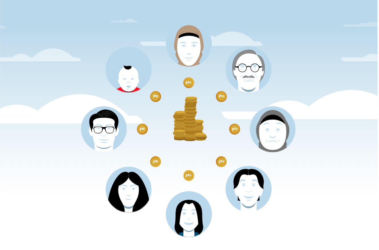 a group of people with coins