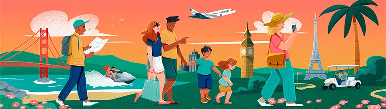 a cartoon of a family walking in front of a plane