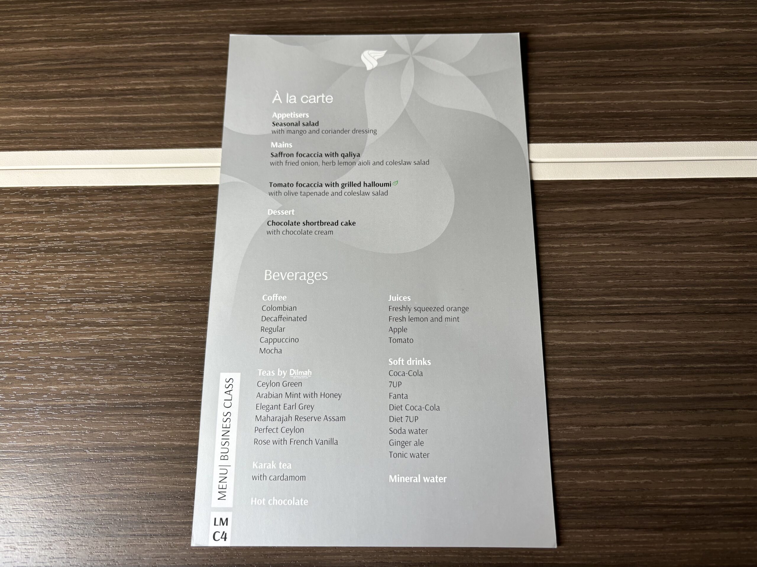 Oman Air Business Class - Menu