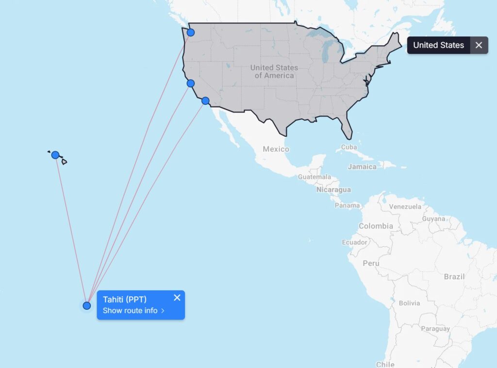 flightconnections screenshot showing tahiti routes