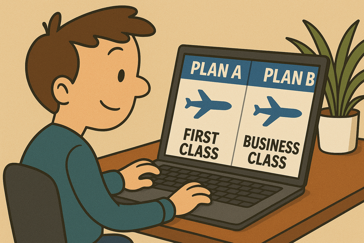 a cartoon of a boy using a laptop