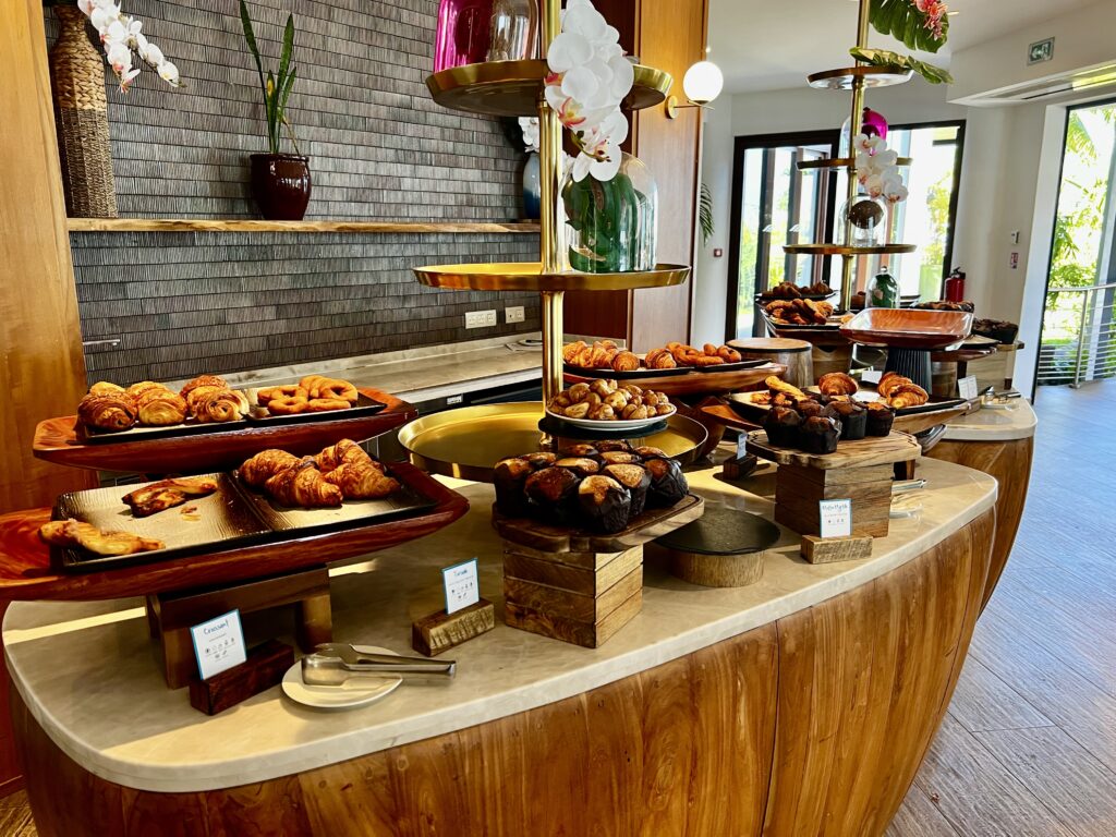 a buffet table with food on it