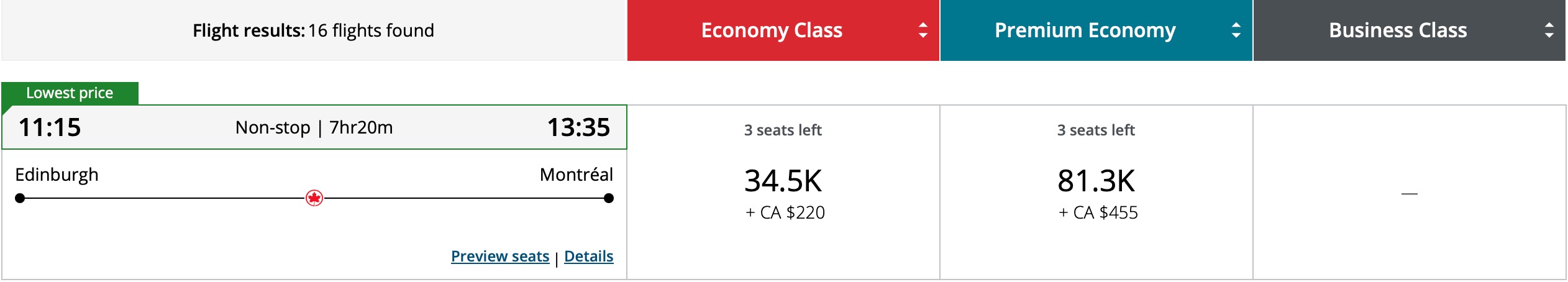 Montreal and Edinburgh a screenshot of a flight ticket